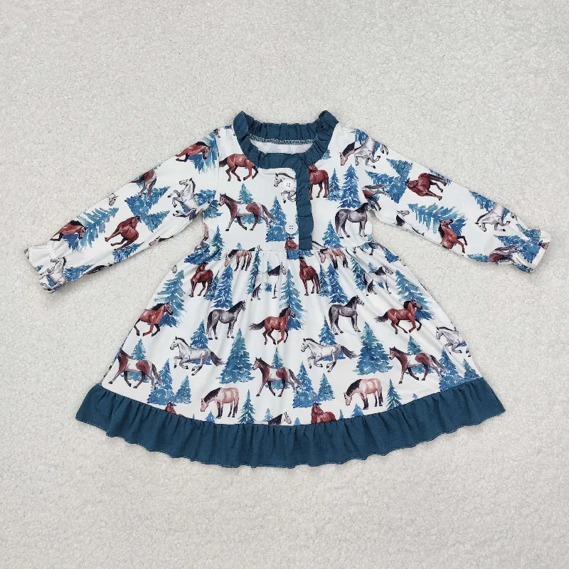 GLD0675 Baby Girls Christmas Western Horse Ruffle Knee Length Dress Tunics Print Colorful GLD0675 Baby Girls Christmas Western Horse Ruffle Knee Length Dress Tunics Print Colorful