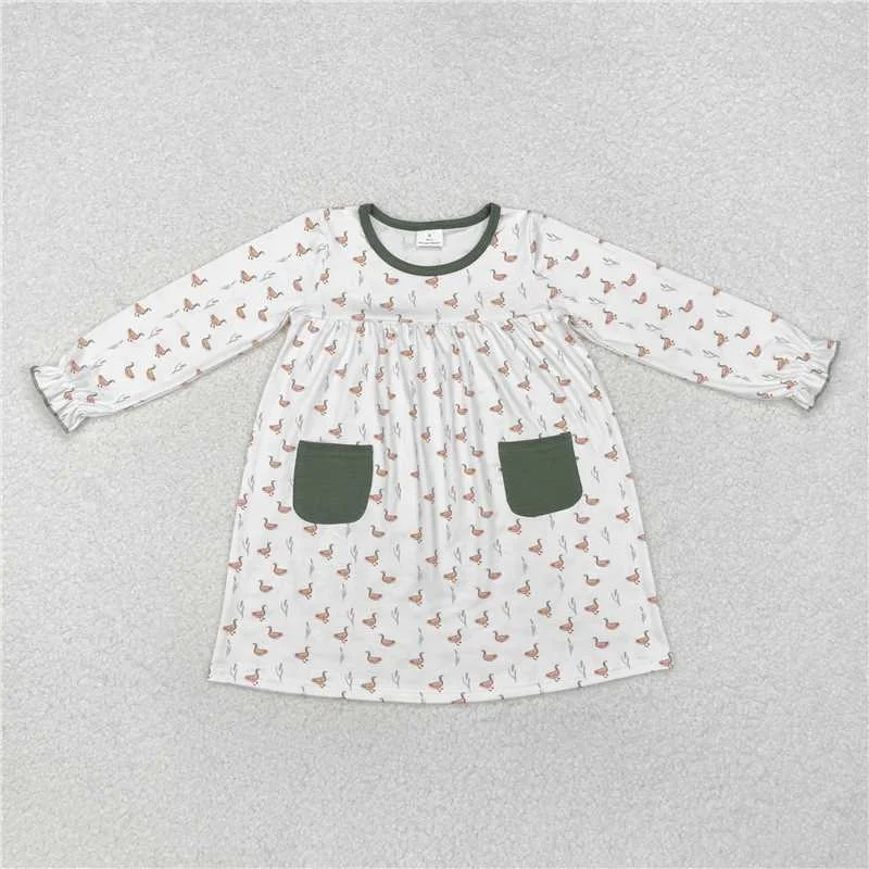 GLD0717 Baby Girls Fall Ducks Green Pockets Knee Length Dresses Tunics Essential wardrobe GLD0717 Baby Girls Fall Ducks Green Pockets Knee Length Dresses Tunics Essential wardrobe