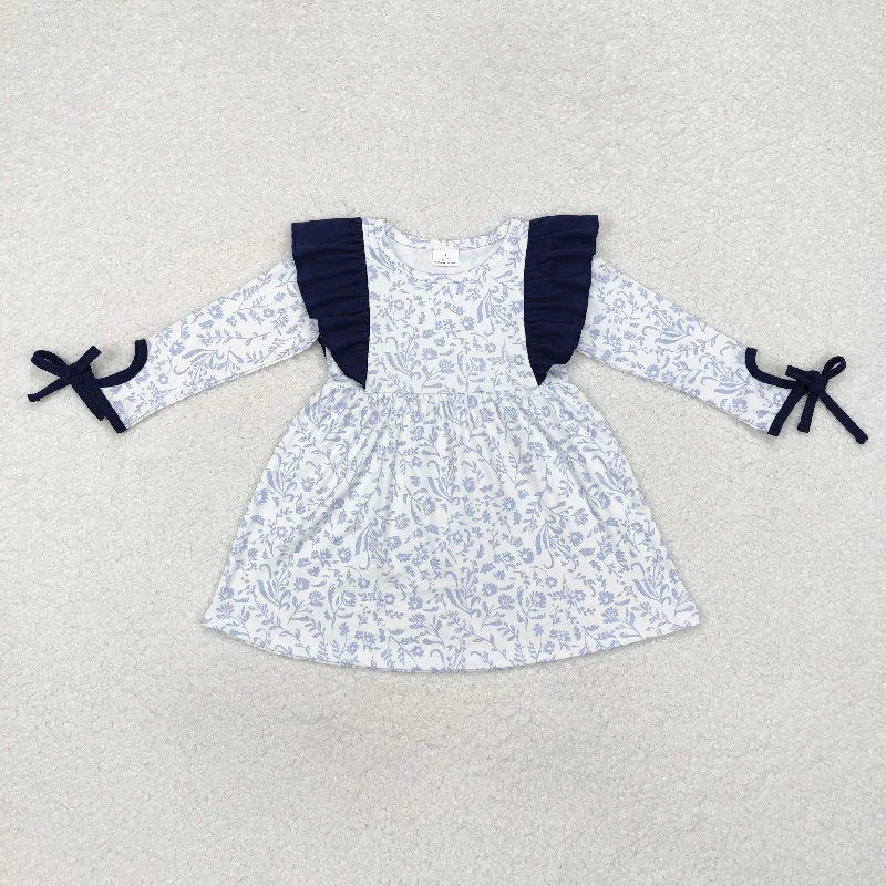 GLD0836 Baby Girls Blue Flowers Ruffle Knee Length Dress A-Line Day Work