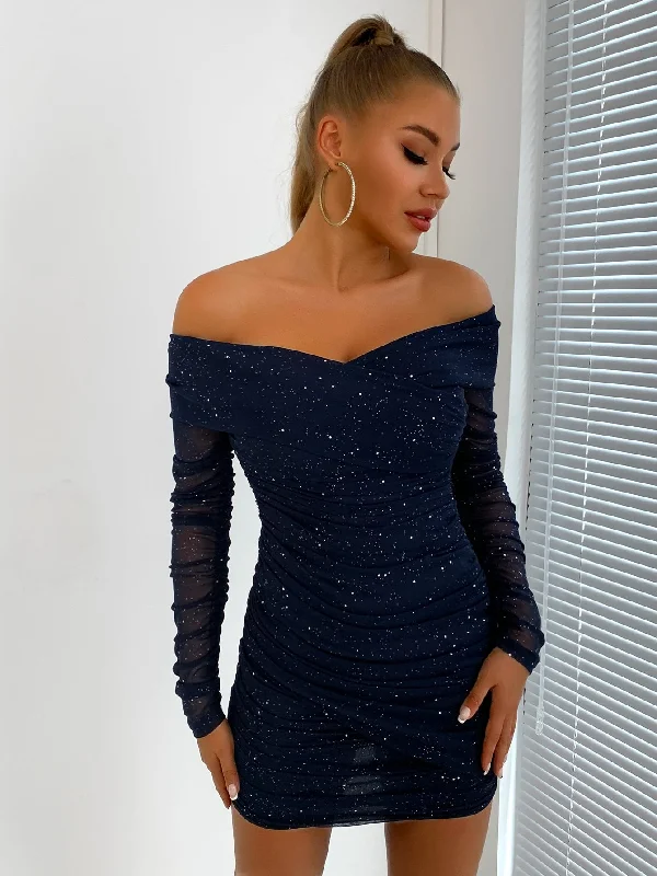 Glitter Off-Shoulder Ruched Bodycon Dress Turtleneck Neckline Stylish