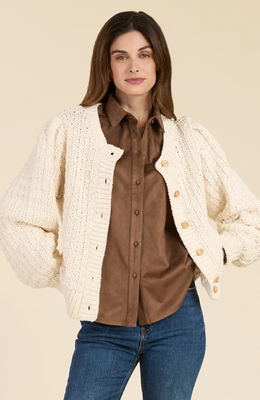 Hand Knit Cardigan - Ivory Jersey Fabric Tulle Fabric Batik Fabric