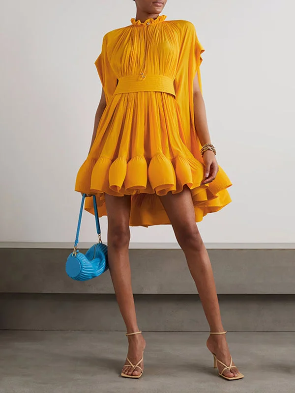 Zjkrl - High-Low Loose Floral Pleated Split-Joint Stand Collar Mini Dresses Tunics Print Colorful Zjkrl - High-Low Loose Floral Pleated Split-Joint Stand Collar Mini Dresses Tunics Print Colorful