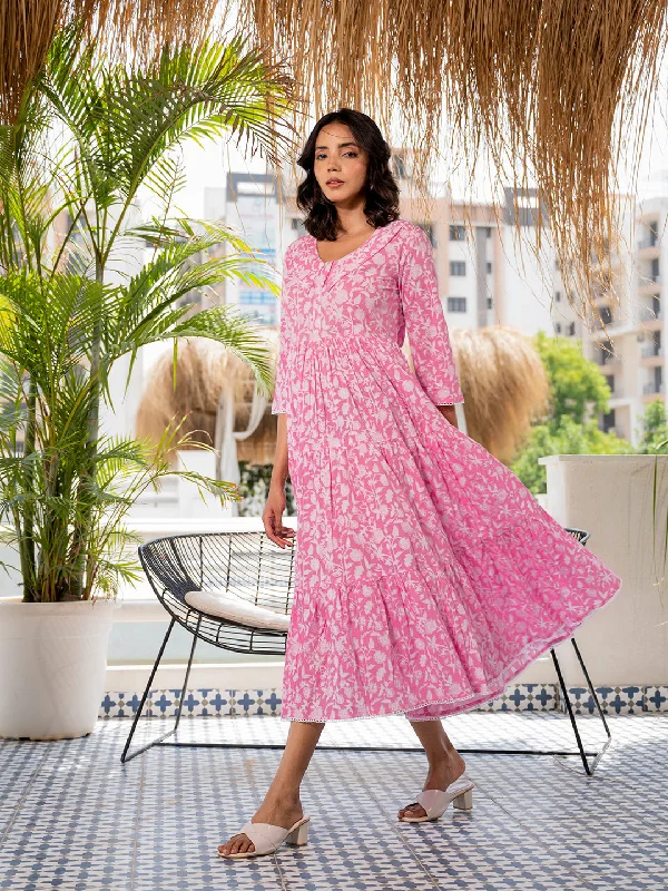Jashvi Pink Floral Printed Collar Neck Calf length Cotton dress for Women Tunics Review highly Jashvi Pink Floral Printed Collar Neck Calf length Cotton dress for Women Tunics Review highly