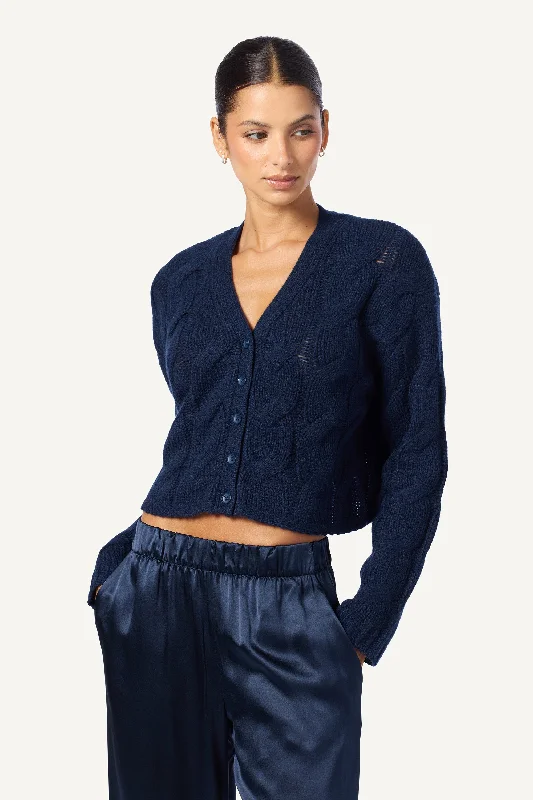 JOLIE V-NECK CROPPED CABLE CASHMERE CARDIGAN | MIDNIGHT NAVY Open Front Closed Front Wrap Front JOLIE V-NECK CROPPED CABLE CASHMERE CARDIGAN | MIDNIGHT NAVY Open Front Closed Front Wrap Front
