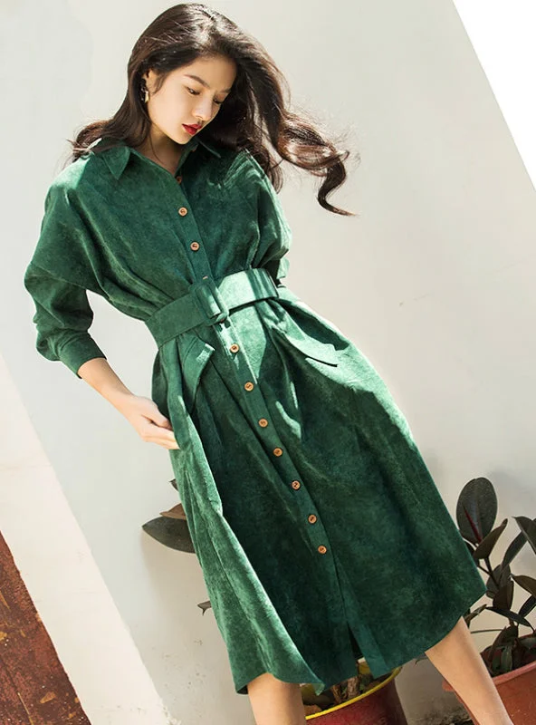 Long Sleeve Green Blue Color Vintage Dress Pocket With Belt Tunics Seasonal trendy