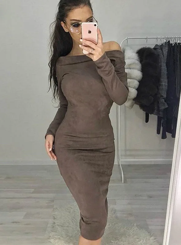 Long Sleeve off shoulder Women mid-calf Dress Tunics Bestseller popular