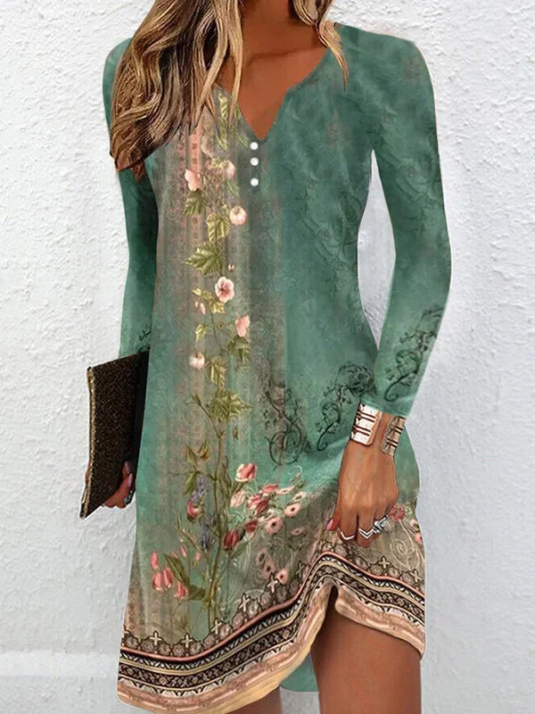 Zjkrl - Long Sleeves Loose Floral Printed V-Neck Mini Dresses Tunics Party sparkling Zjkrl - Long Sleeves Loose Floral Printed V-Neck Mini Dresses Tunics Party sparkling