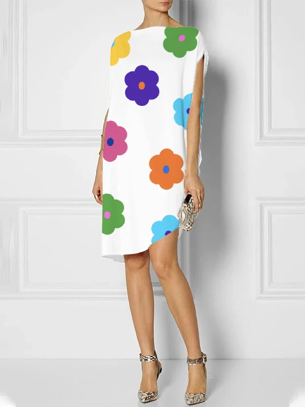 Zjkrl - Loose Short Sleeves Asymmetric Floral Printed Round-Neck Mini Dresses Tunics Ceremony elegant Zjkrl - Loose Short Sleeves Asymmetric Floral Printed Round-Neck Mini Dresses Tunics Ceremony elegant