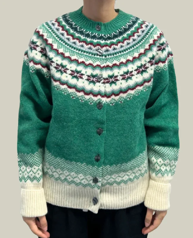 Lowie Caerphilly Fair Ilse Green Cardigan Boat Neck Shawl Collar Notched Collar
