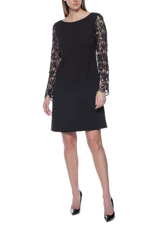 Marina Boat Neck Long Lace Sleeves Back Zipper Short Crepe Dress Tunics Floral girly Marina Boat Neck Long Lace Sleeves Back Zipper Short Crepe Dress Tunics Floral girly