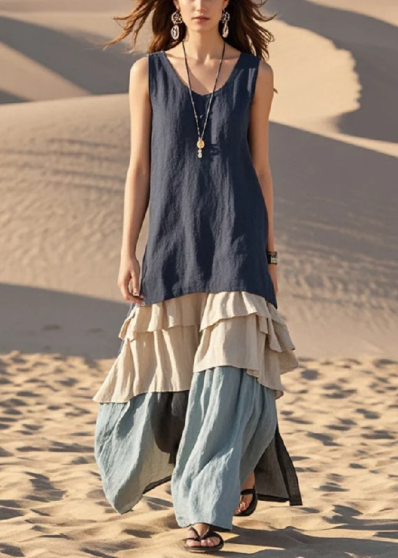 Natural Navy Patchwork Ruffles Cotton Long Dresses Sleeveless Tunics Luxurious high-end Natural Navy Patchwork Ruffles Cotton Long Dresses Sleeveless Tunics Luxurious high-end
