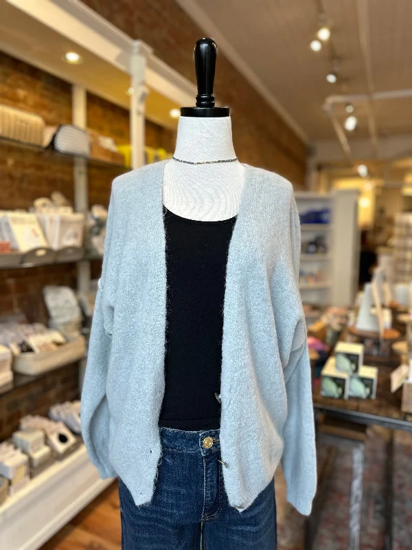 Rosie Cardigan in Grey Notch Collar Peter Pan Collar Cowl Neck
