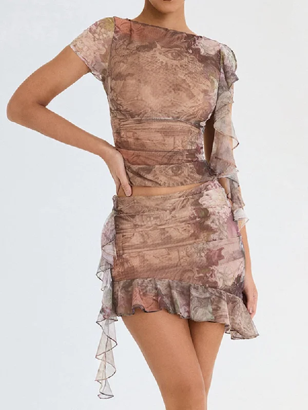 Ruffle Print Two Piece Set For Women Short Sleeve Crop Top And Mini Skirt Matching Sets Ladies Club Party Dress Set Pencil Office Professional Ruffle Print Two Piece Set For Women Short Sleeve Crop Top And Mini Skirt Matching Sets Ladies Club Party Dress Set Pencil Office Professional