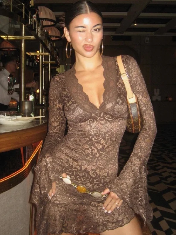 Sexy See Through V-neck Longsleeve Lace Mini Dress Women Summer Skinny Hollow Out Dresses Club Party Clothes Tunics Spring floral Sexy See Through V-neck Longsleeve Lace Mini Dress Women Summer Skinny Hollow Out Dresses Club Party Clothes Tunics Spring floral