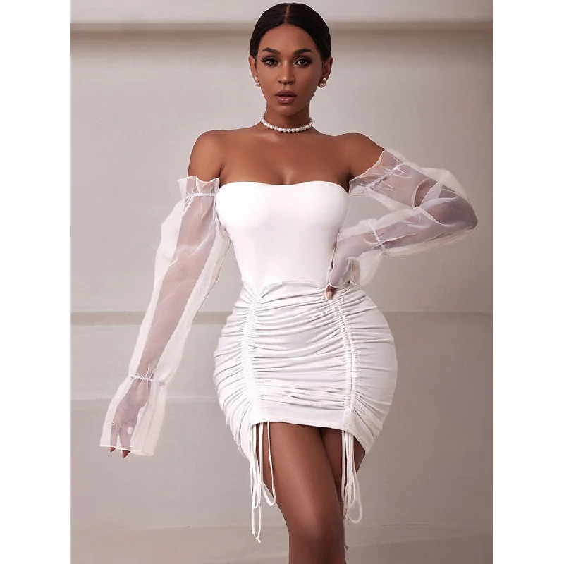 Sexy Sheer Sleeve Evening Party Dress Summer Holiday Birthday Club Partywear White Off Shoulder Mini Short Dresses Women Tunics Travel practical Sexy Sheer Sleeve Evening Party Dress Summer Holiday Birthday Club Partywear White Off Shoulder Mini Short Dresses Women Tunics Travel practical