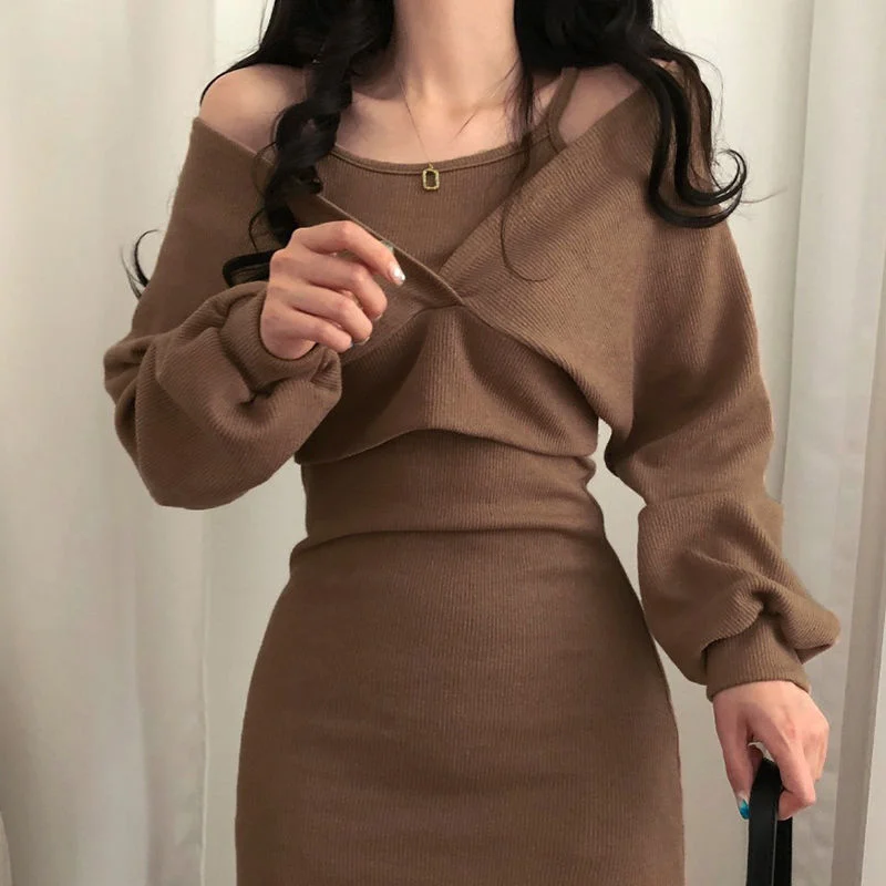 Sexy Solid Knitted Mini Dress Women Two Piece Set Skinny Dresses and Long Sleeve Knitted Cardigan Harajuku Dress Vestidos Tunics Polka dots Sexy Solid Knitted Mini Dress Women Two Piece Set Skinny Dresses and Long Sleeve Knitted Cardigan Harajuku Dress Vestidos Tunics Polka dots