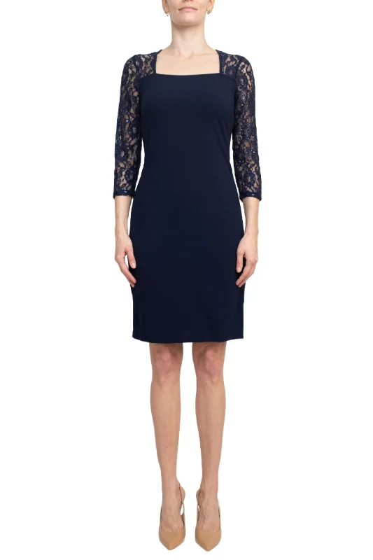 SL Fashion Square Neck 3/4 Sleeves Back Zipper Short Crepe Dress sweetheart Neckline Romantic SL Fashion Square Neck 3/4 Sleeves Back Zipper Short Crepe Dress sweetheart Neckline Romantic