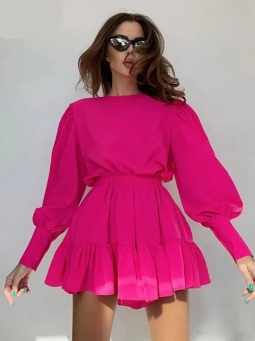 Sleeve High Waist A-Line Pleated Women'S Dress Casual O Neck Pink Mini Dresses Autumn Sexy Long Sleeve Robe Tunics Sophisticated sleek Sleeve High Waist A-Line Pleated Women'S Dress Casual O Neck Pink Mini Dresses Autumn Sexy Long Sleeve Robe Tunics Sophisticated sleek