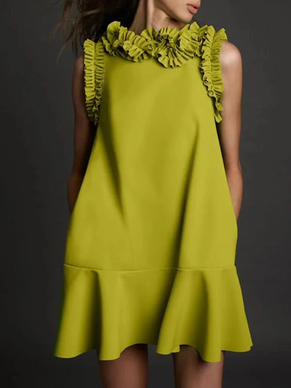 Solid Color Ruffle Sleeveless Mini Dress empire Waist empire
