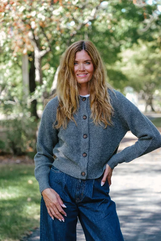 Tenlea Hunter - Cashmere Waffle Crewneck Cardigan in Graphite Heather Wool Cardigan Cotton Cardigan Cashmere Cardigan Tenlea Hunter - Cashmere Waffle Crewneck Cardigan in Graphite Heather Wool Cardigan Cotton Cardigan Cashmere Cardigan
