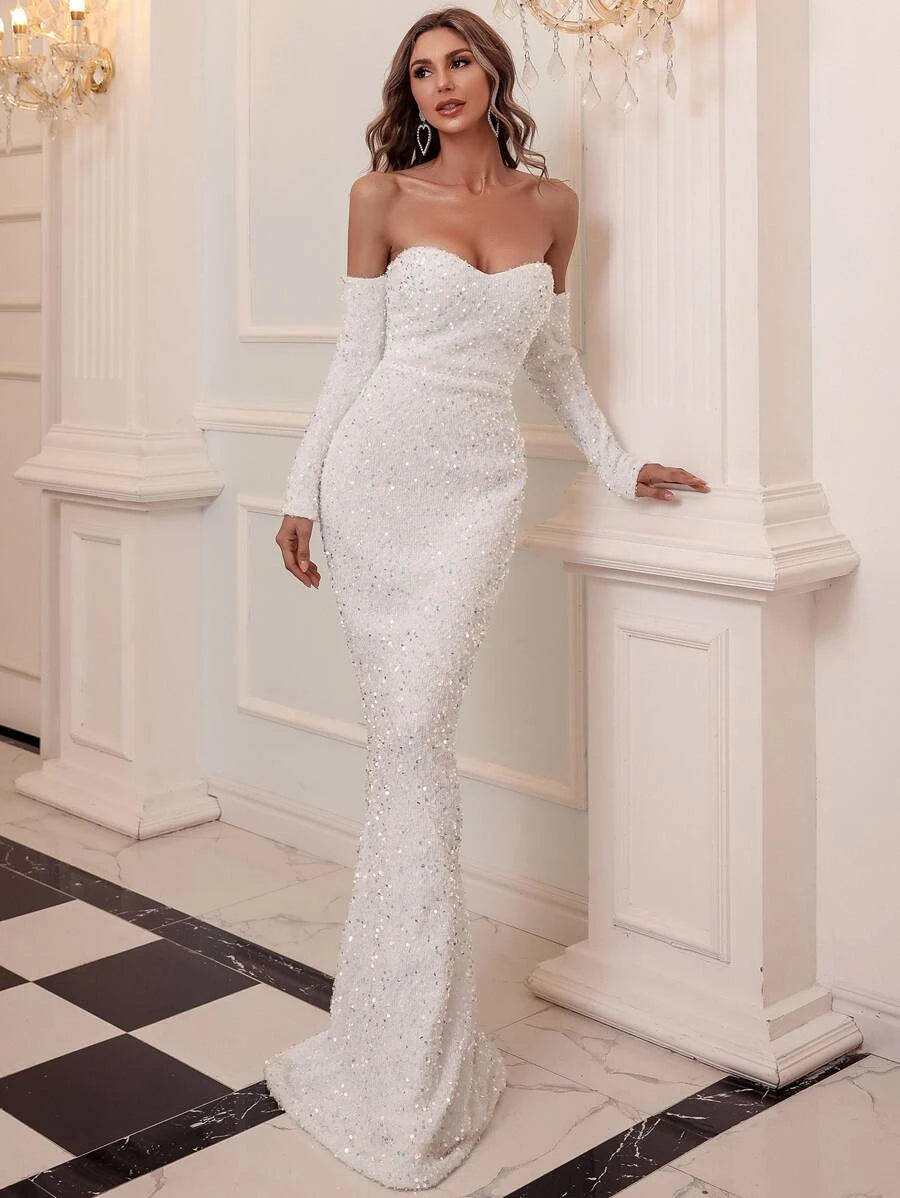 White Off-Shoulder Sequin Embellishments Long Sleeves Party Dress Off-the-shoulder Chic Trendy White Off-Shoulder Sequin Embellishments Long Sleeves Party Dress Off-the-shoulder Chic Trendy
