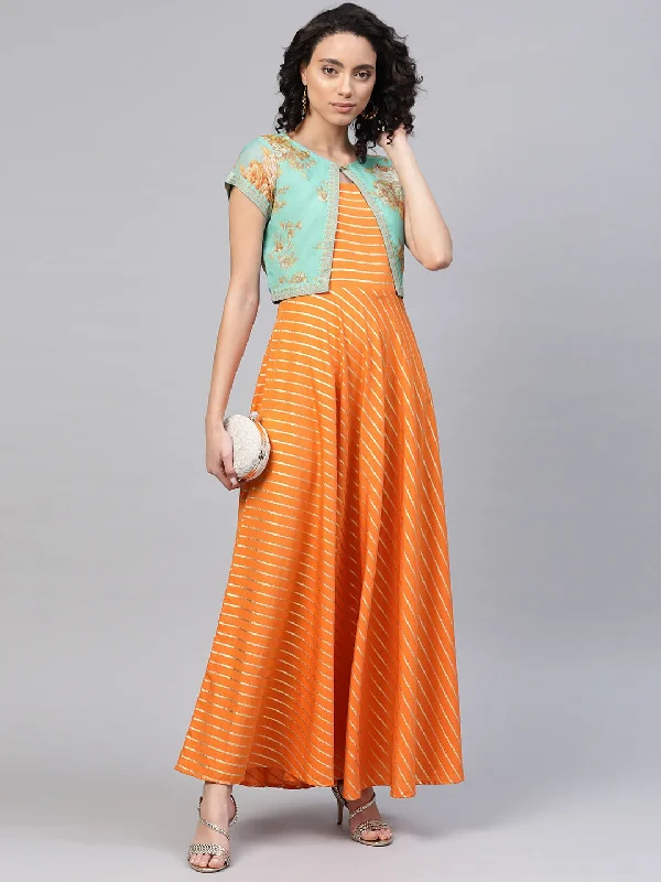 Women Orange & Sea Green Striped Maxi Dress with Ethnic Jacket Tunics Business professional Women Orange & Sea Green Striped Maxi Dress with Ethnic Jacket Tunics Business professional