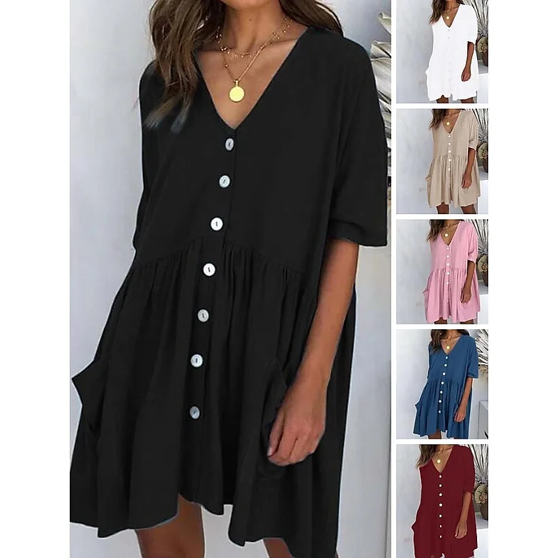 Women's Casual Dress Linen Dress Tiered Dress Mini Dress Black White Pink Short Sleeve Pure Color Ruched Winter Fall Spring V Neck Basic Daily Vacation Loose Fit S M L XL XXL 3XL Turtleneck Neckline Stylish Women's Casual Dress Linen Dress Tiered Dress Mini Dress Black White Pink Short Sleeve Pure Color Ruched Winter Fall Spring V Neck Basic Daily Vacation Loose Fit S M L XL XXL 3XL Turtleneck Neckline Stylish