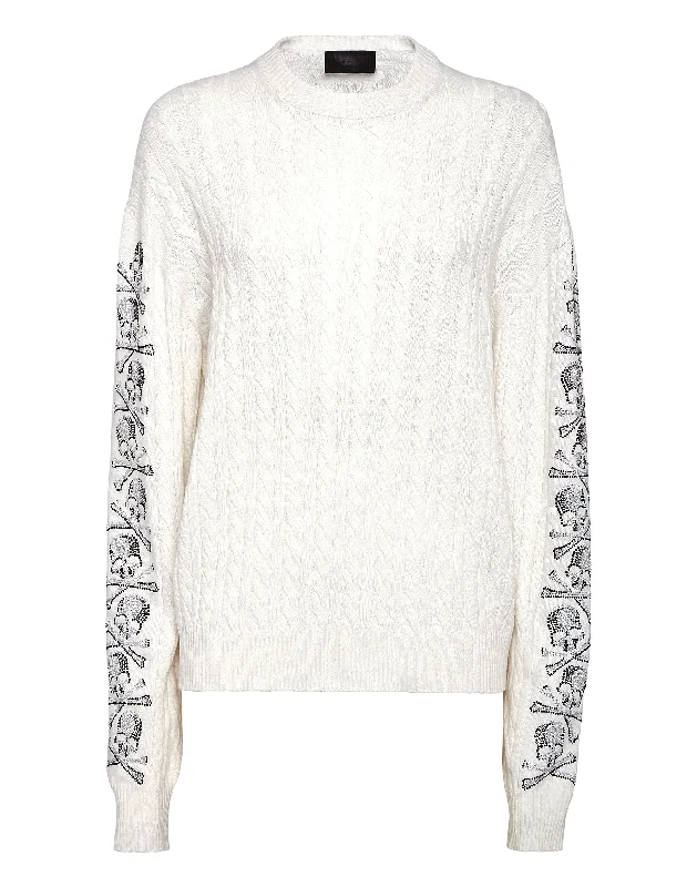 Cash Five Pullover Round Neck LS Cable Crystal Skull Flutter Sleeve Feminine