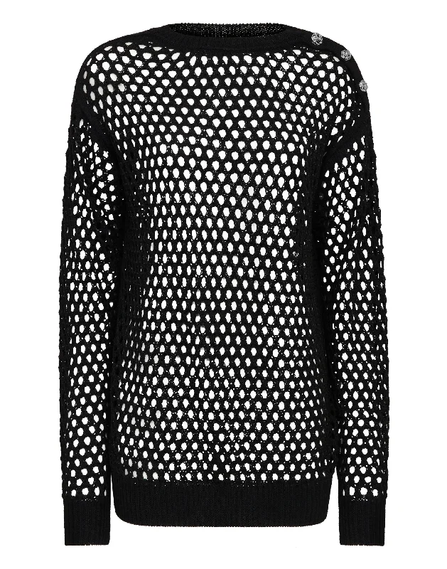 Cashmere 5 Pullover Round Neck LS Fishnet Crystal Solo Sleeve Pullover