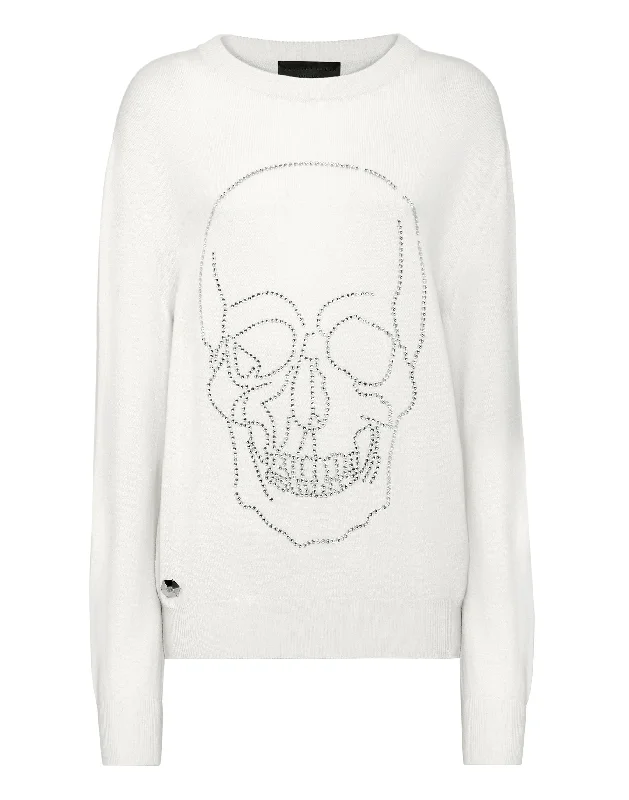 Cashmere Pullover Round Neck LS with Crystals Blouson Sleeve Pullover