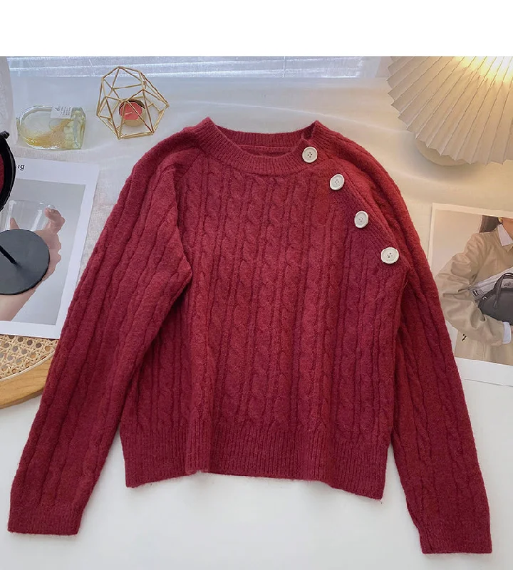 Design sense personalized diagonal button round neck Pullover versatile top 6032 Soft Wool Sweater Design sense personalized diagonal button round neck Pullover versatile top 6032 Soft Wool Sweater