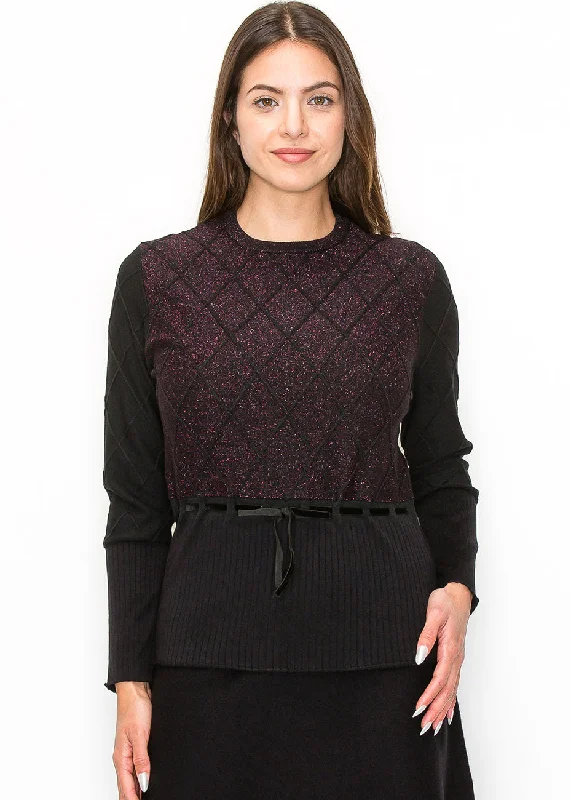 Diamond Sparkle Knit Pullover with Tie Waist Wide Sleeve Pullover