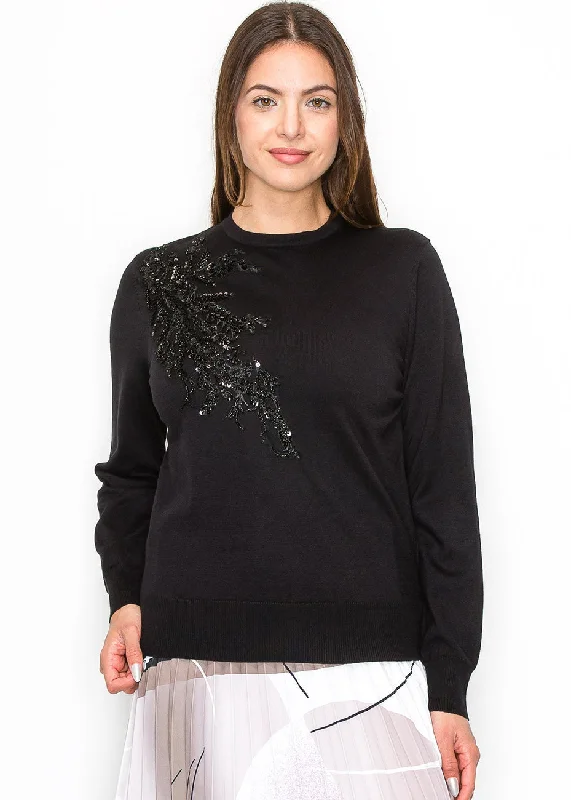 Embellished Black Knit Pullover Asymmetrical Neck Pullover