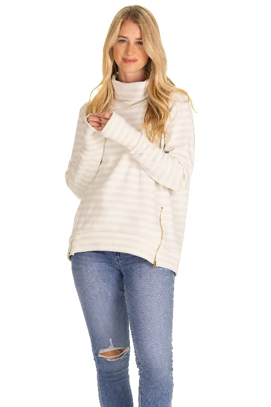 Minley Pullover In Light Blue & Cream Stripe Blouson Sleeve Pullover