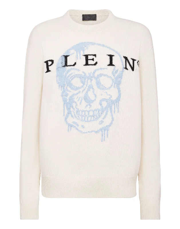 Pullover Round Neck LS Intarsia Skull Shirred Sleeve Feminine