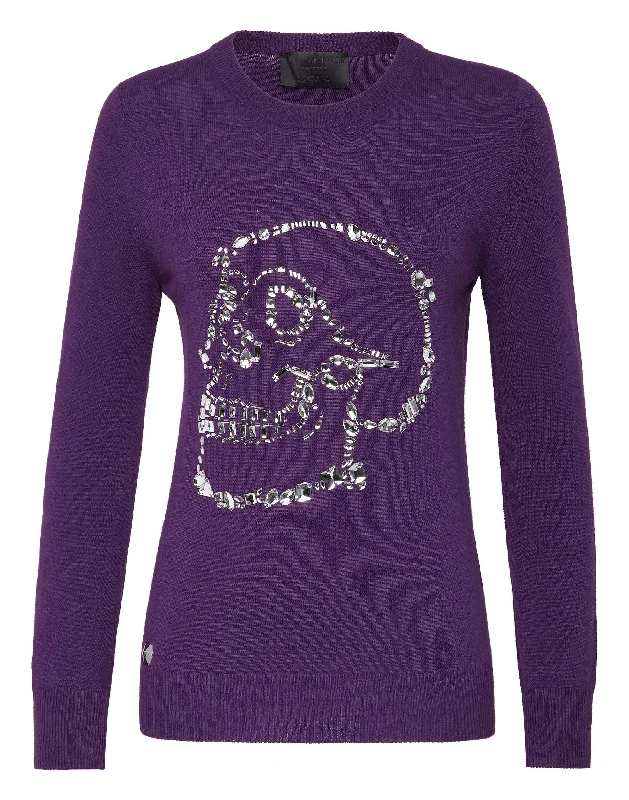 Pullover Round Neck LS Look At Me  Skull crystal Short Puff Sleeve