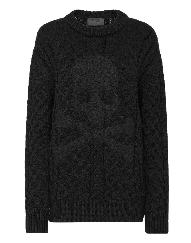 Pullover Round Neck LS Skull Gathered Sleeve Pullover