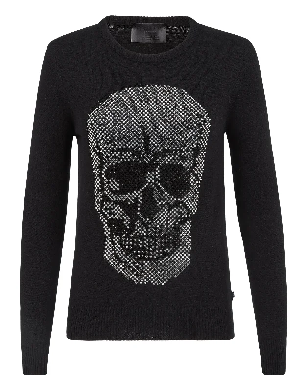 Pullover Round Neck LS Skull crystal One Shoulder Top