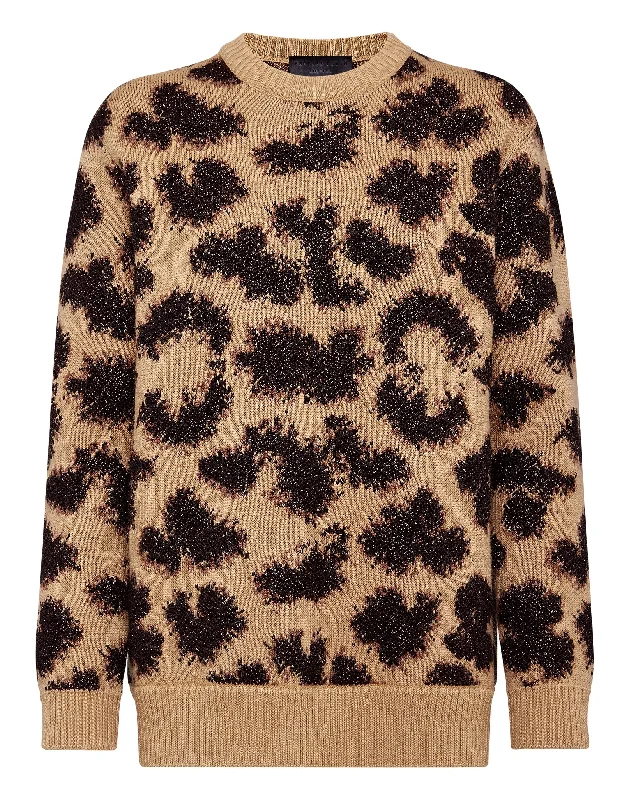 Pullover Round Neck SS Jacquard Lurex Leopard Puff Sleeve Stylish