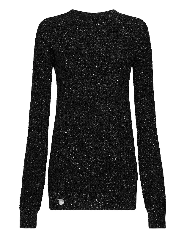 Pullover Round Neck SS Lurex Asymmetrical Hem Sweater