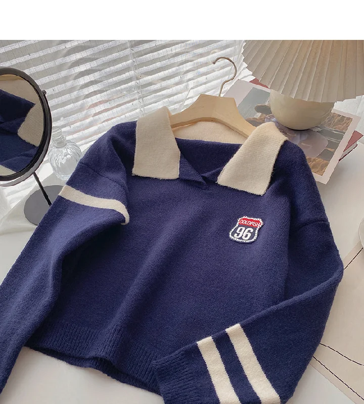 Slim and age reducing color matching Lapel Pullover long sleeve top 5912 Boat Neck Sweater Slim and age reducing color matching Lapel Pullover long sleeve top 5912 Boat Neck Sweater