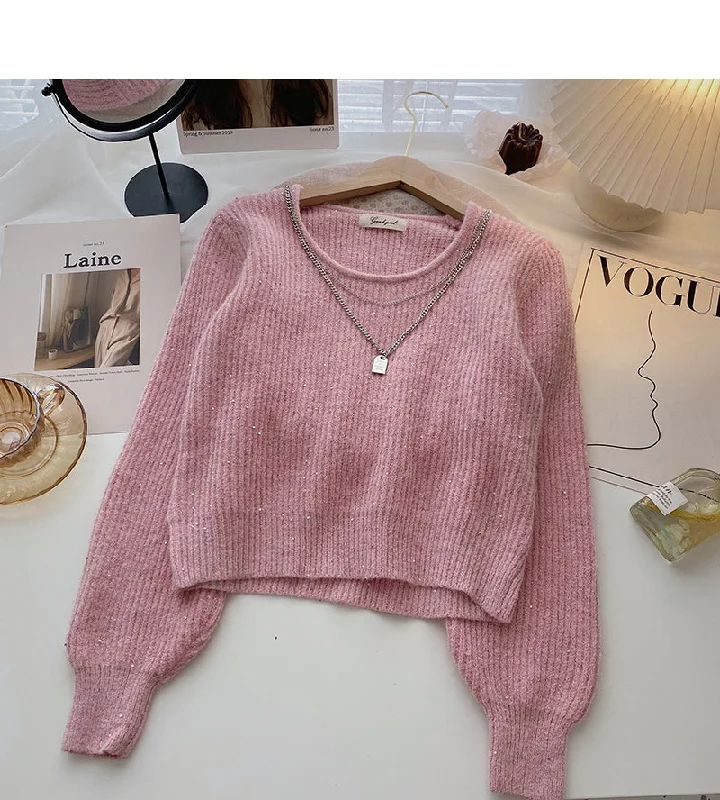 Vintage design chain round neck Pullover long sleeve Sequin Knitted Top 6010 Boat Neck Sweater Vintage design chain round neck Pullover long sleeve Sequin Knitted Top 6010 Boat Neck Sweater