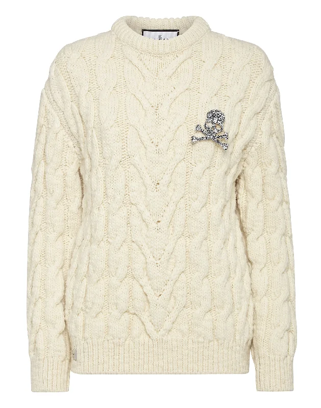 Wool Cable Knit Pullover Brooch Bolero Style Sweater