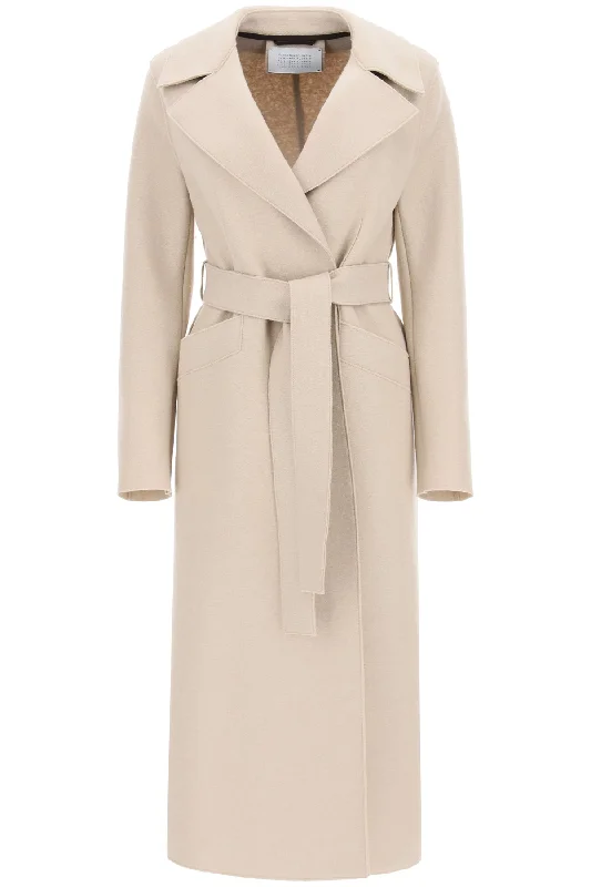 Long Coat In Pressed Wool  - Beige Coat Overcoat Trench Coat