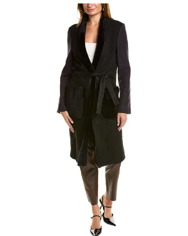 Piazza Sempione Leather-Trim Wool Coat Pockets Sleeves Lining