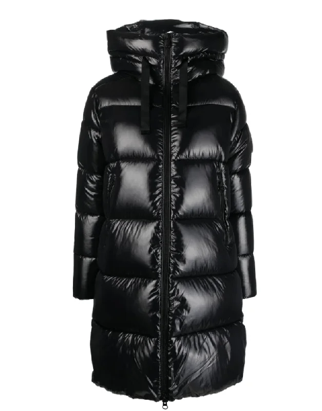 Save The Duck Women's Isabel Shiny 3/4 Heavy Puffer Coat Bomber Denim Leather