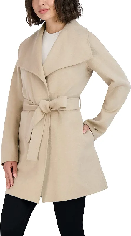 Tahari Women's Wool Wrap Coat with Tie Belt, Light Beige Print Jacquard Embroidered