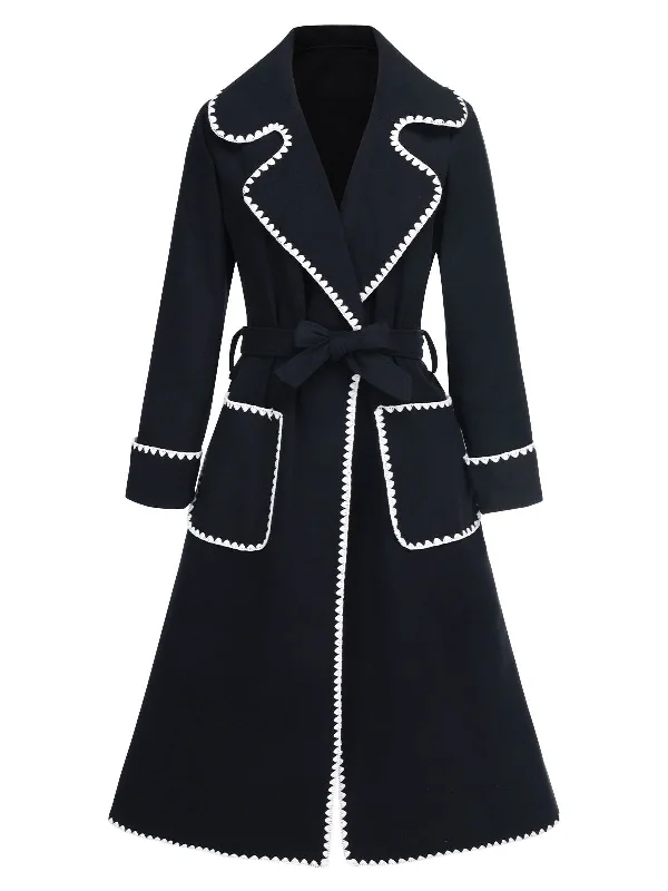 Black 1940s Embroidered Lapel Pocket Belted Coat Zip Front Button Front Snap Front