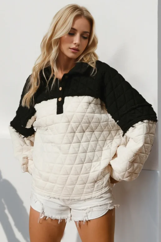 Black Contrast Long Sleeve Quilted Pullover Solo Sleeve Pullover