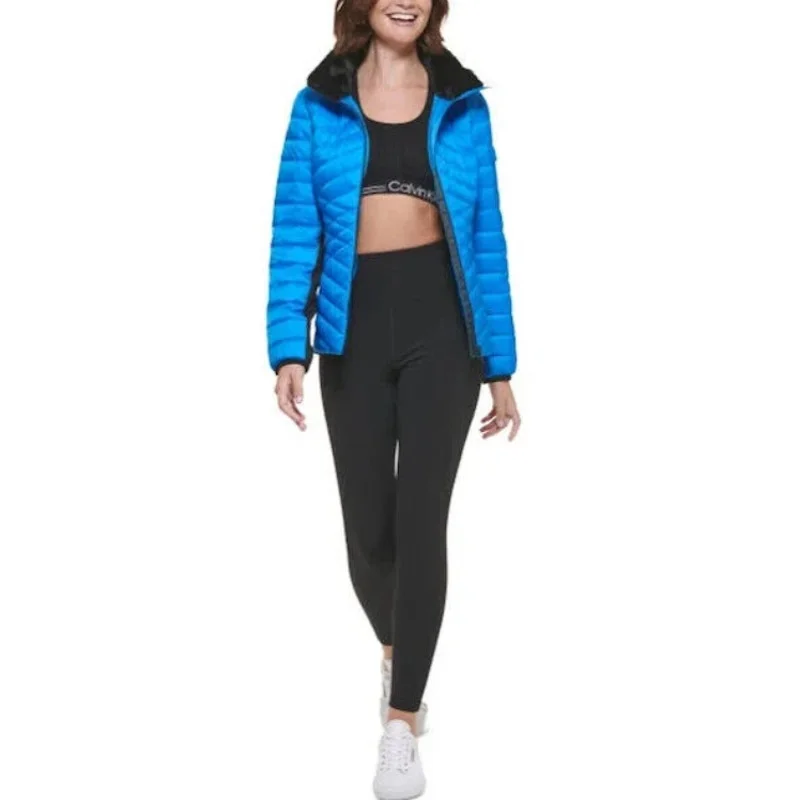 CALVIN KLEIN PERFORMANCE Mixed-Media Puffer Coat Medium Blue/Black Collared Crew Neck Turtle Neck CALVIN KLEIN PERFORMANCE Mixed-Media Puffer Coat Medium Blue/Black Collared Crew Neck Turtle Neck